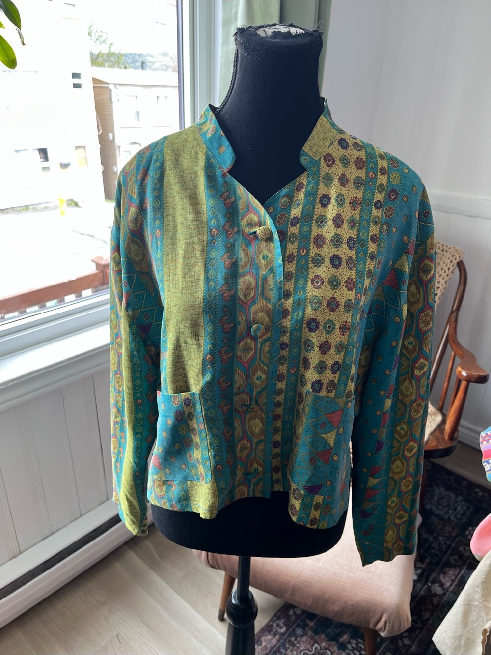 Women’s Vintage 100% silk Teal & Olive Patchwork Button Jacket Cardigan size S